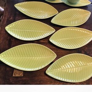Crate & Barrel Leaf-Shaped Green Ceramic Plates